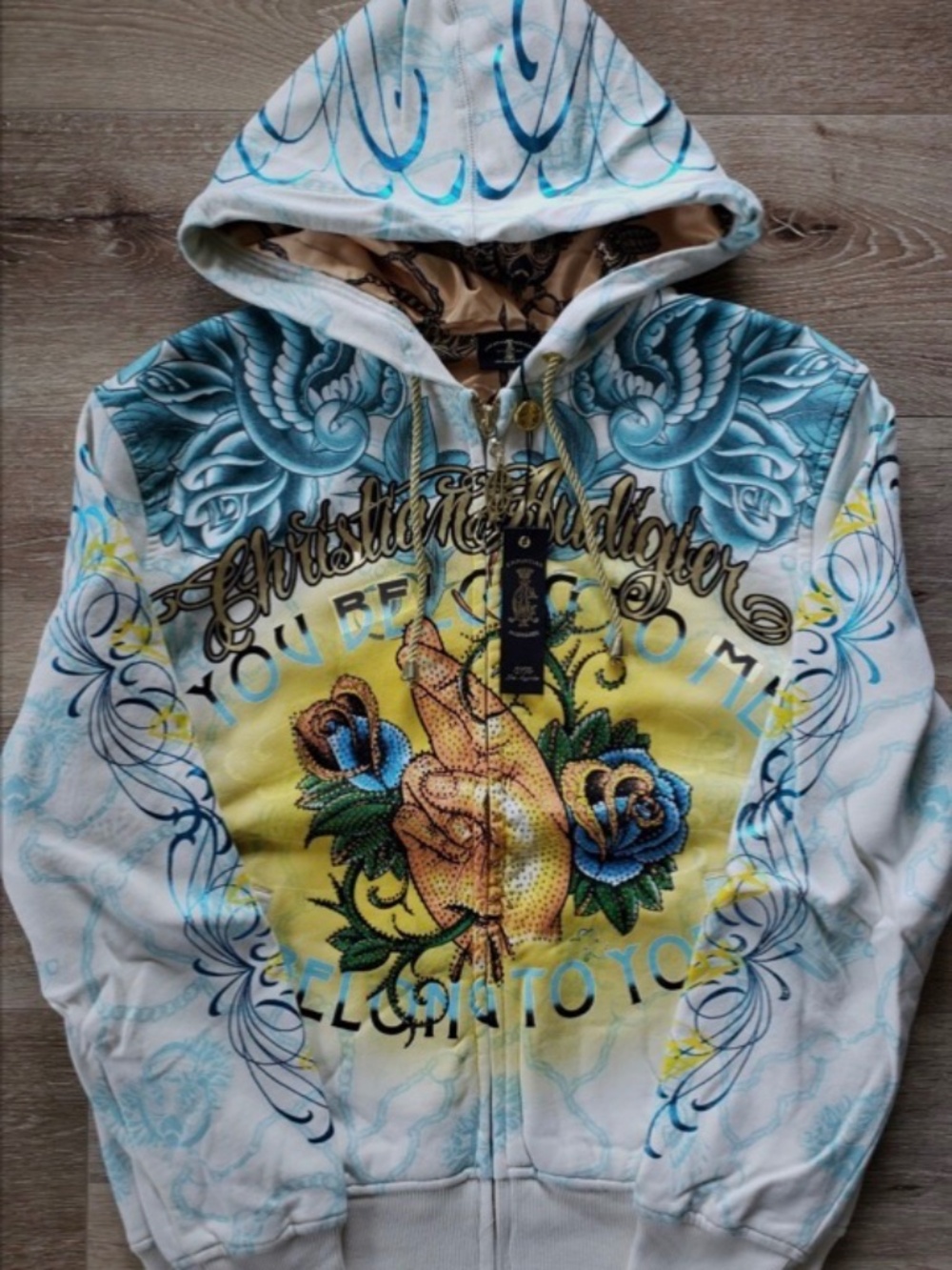 Y2K Christian Audigier "I Belong To You" Rhinestone Zip-Up Hoodie